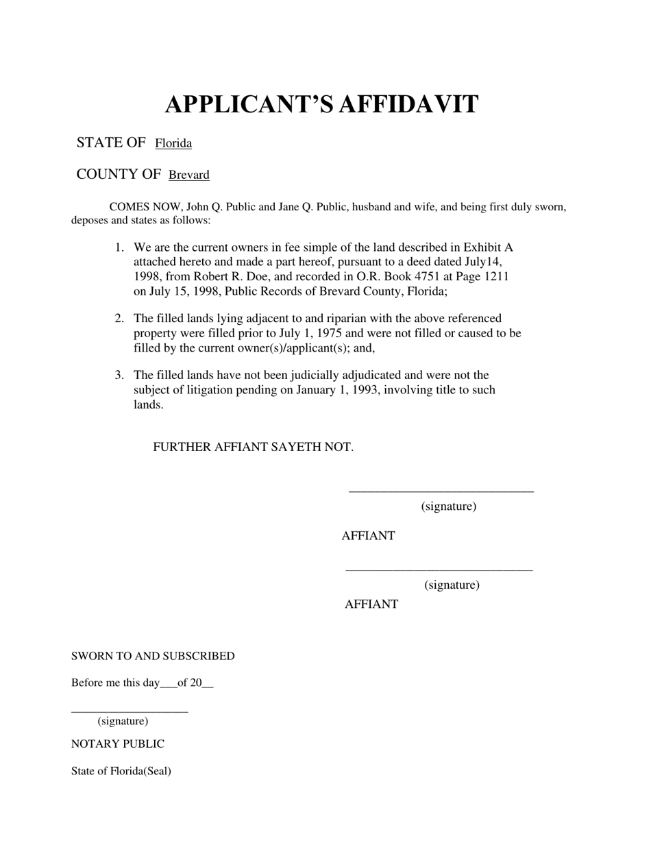 Form DEP63-030(16) Applicants Affidavit - Florida, Page 1