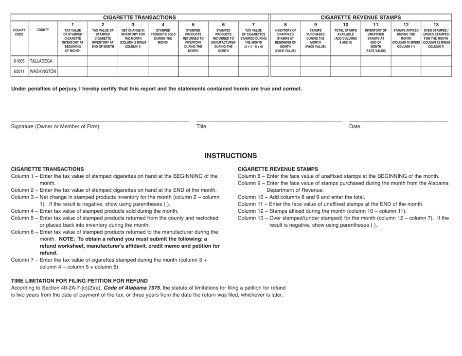Form TOB: T-WHSLE-CO Wholesalers Monthly Report of State-Administered County Cigarette Products - Alabama, Page 2