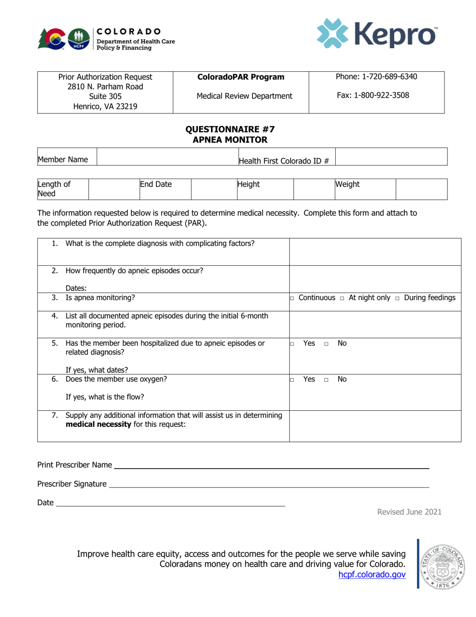 Questionnaire #7 - Apnea Monitor - Colorado, Page 1