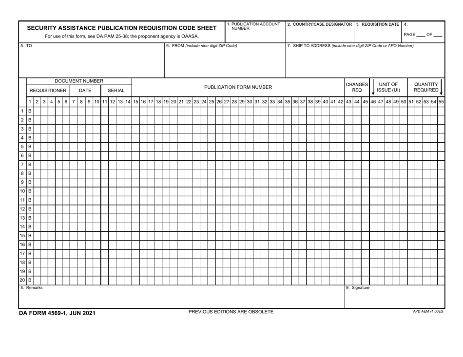 DA Form 4569-1 Security Assistance Publication Requisition Code Sheet, Page 1