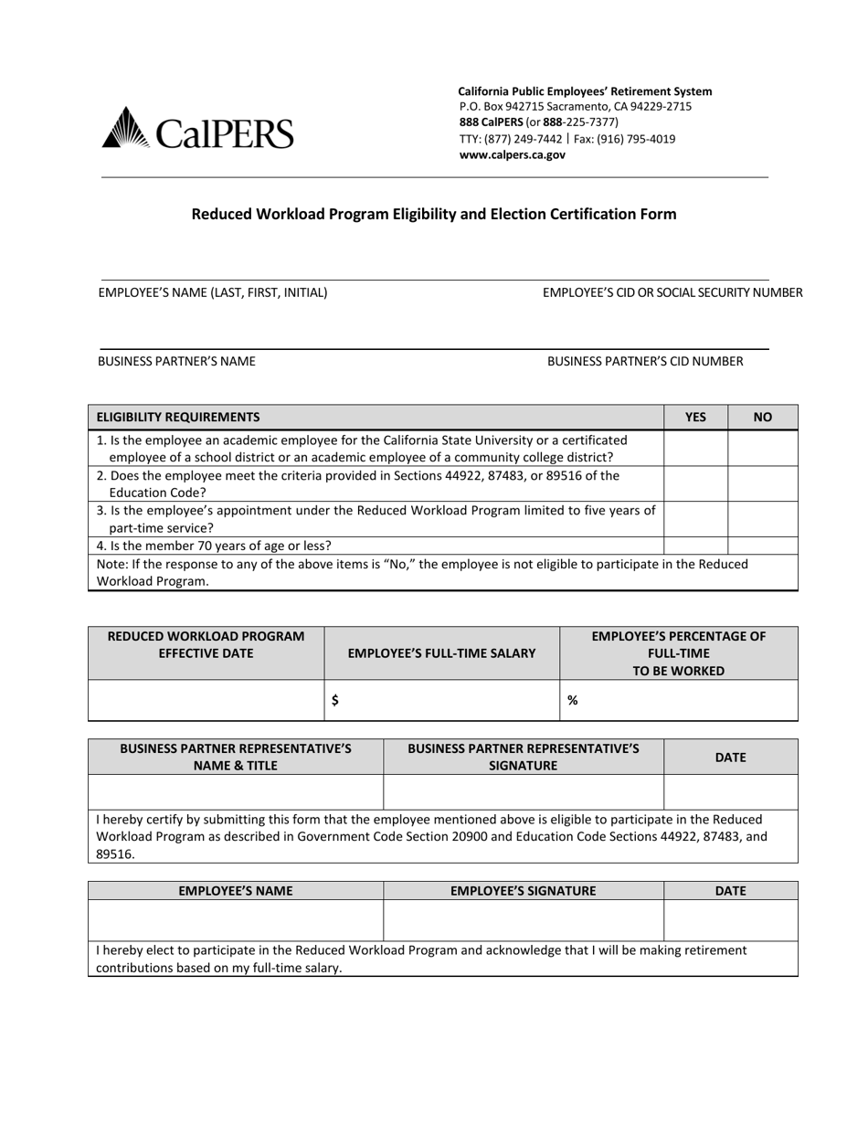 Reduced Workload Program Eligibility and Election Certification Form - California, Page 1