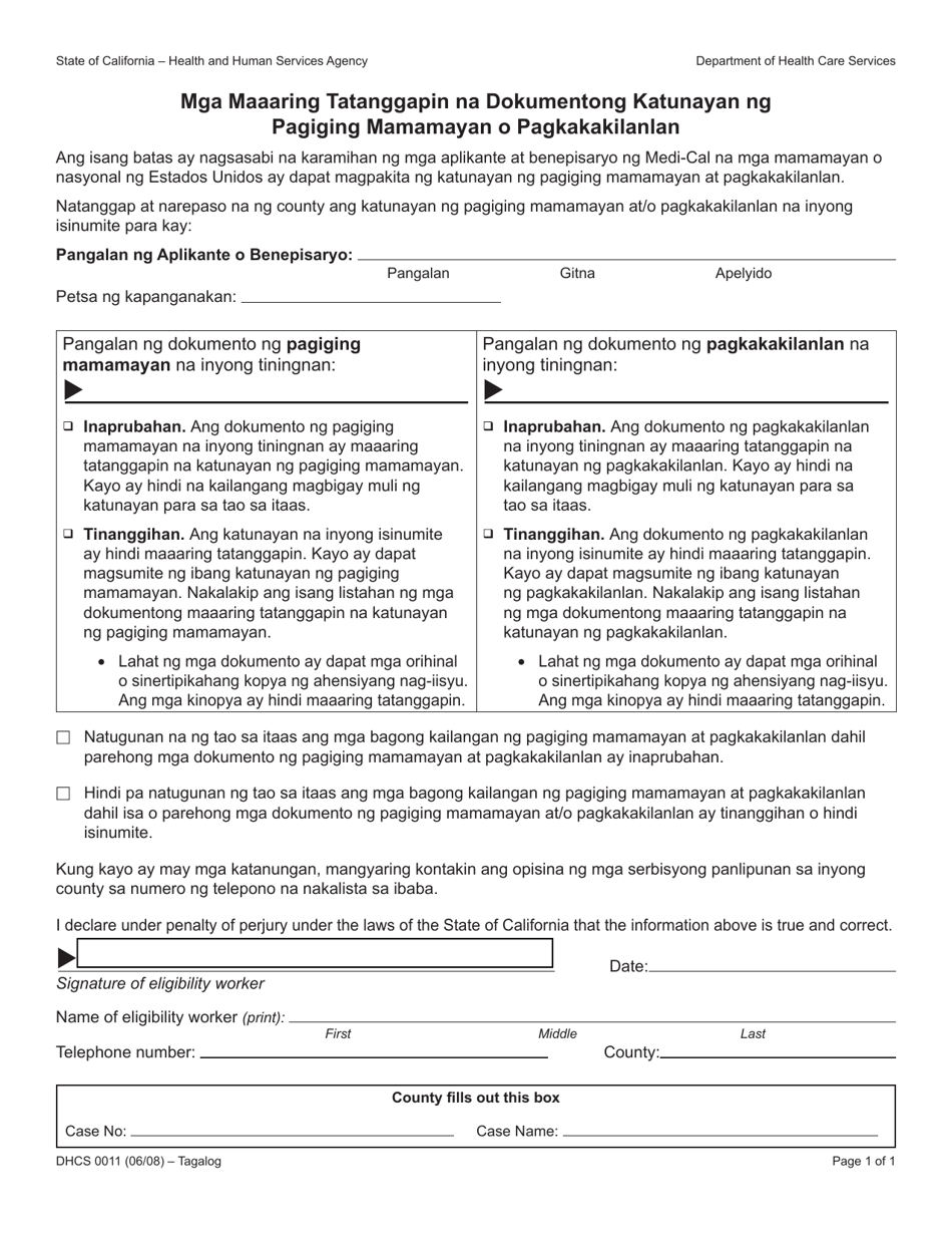 Form DHCS0011 Proof of Acceptable Citizenship or Identity Documents - California (Tagalog), Page 1