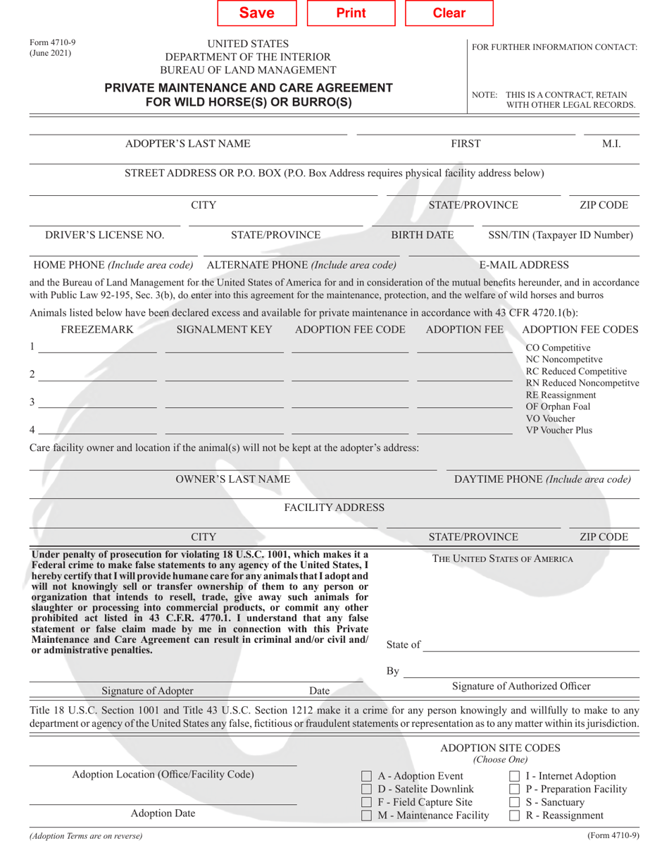 Form 4710-9 Private Maintenance and Care Agreement for Wild Horse(S) or Burro(S), Page 1