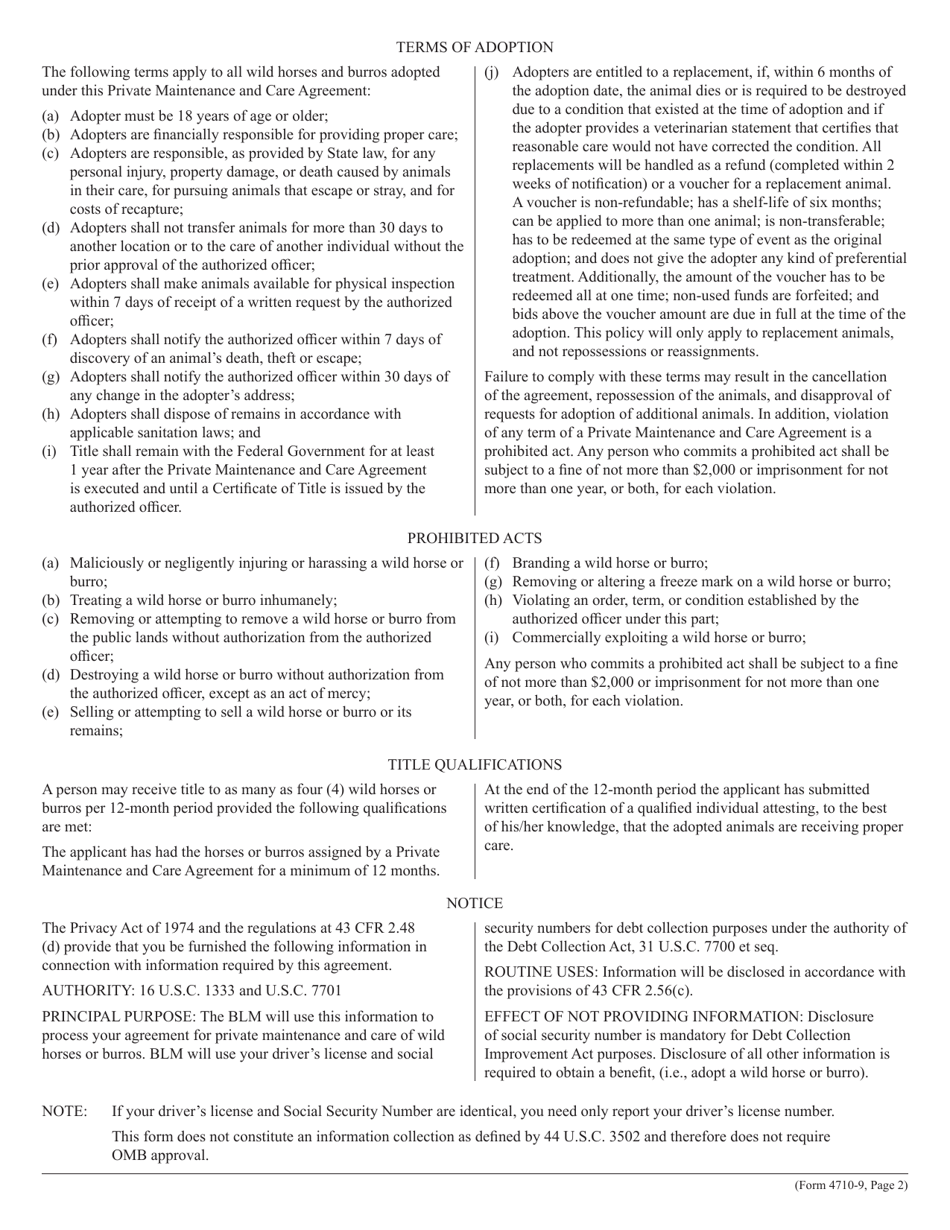 Form 4710-9 Private Maintenance and Care Agreement for Wild Horse(S) or Burro(S), Page 2