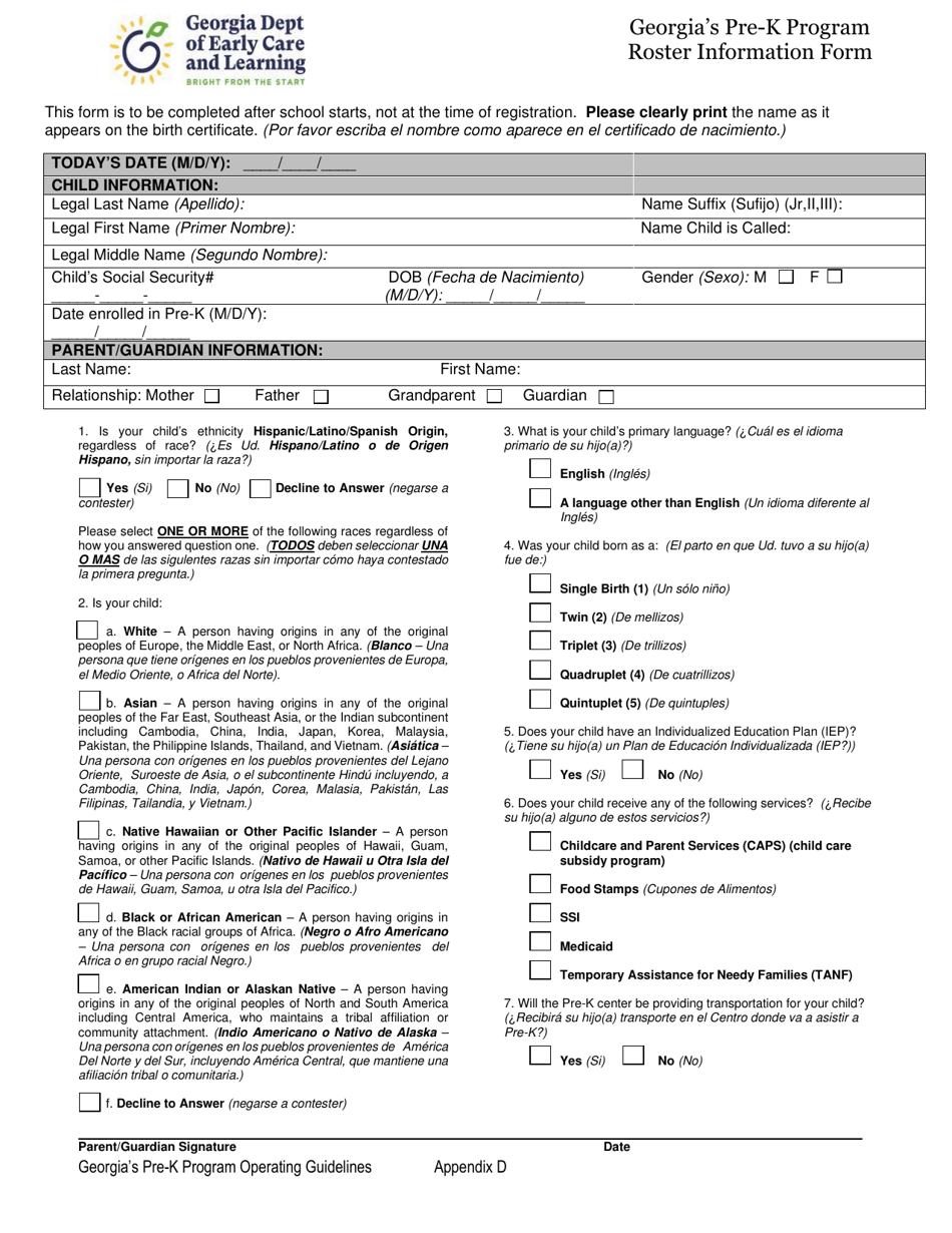 Appendix D Roster Information Form - Georgias Pre-k Program - Georgia (United States), Page 1