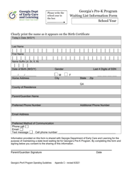 Appendix C &quot;Waiting List Information Form - Georgia's Pre-k Program&quot; - Georgia (United States)