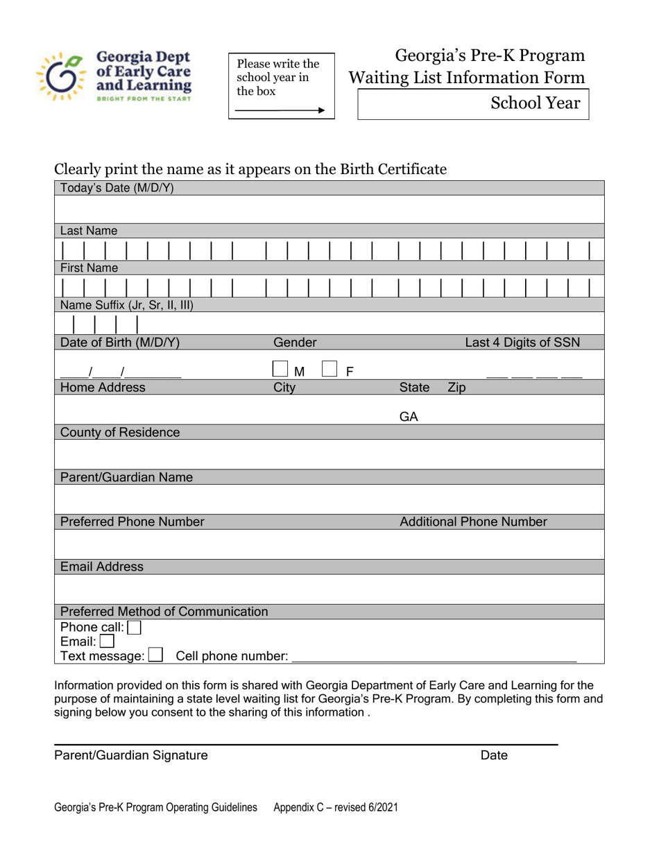 Appendix C Waiting List Information Form - Georgia's Pre-k Program - Georgia (United States), Page 1