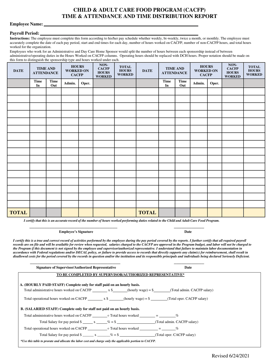 Time  Attendance and Time Distribution Report - Child  Adult Care Food Program (CACFP) - Georgia (United States), Page 1