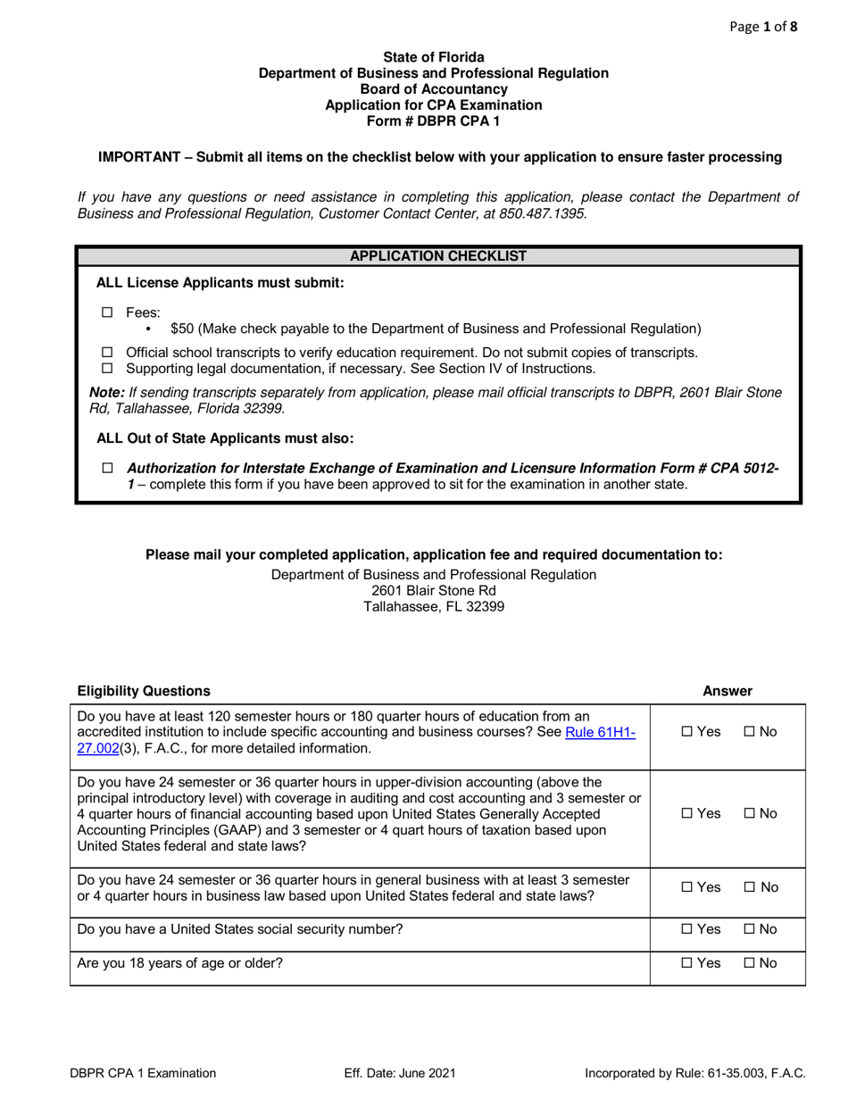 Form DBPR CPA1 Application for CPA Examination - Florida, Page 1