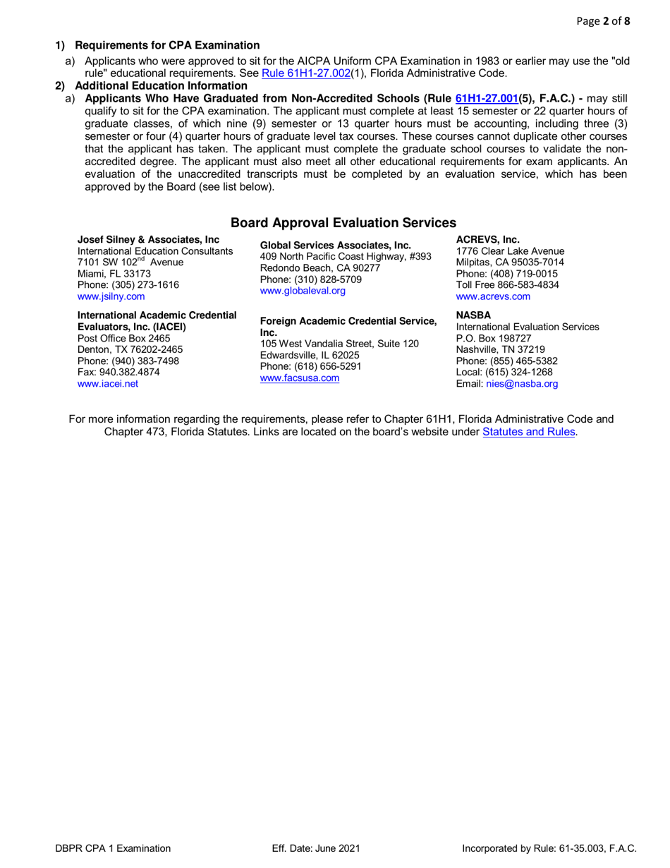 Form DBPR CPA1 Application for CPA Examination - Florida, Page 2