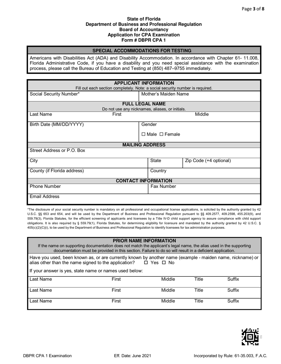 Form DBPR CPA1 Application for CPA Examination - Florida, Page 3