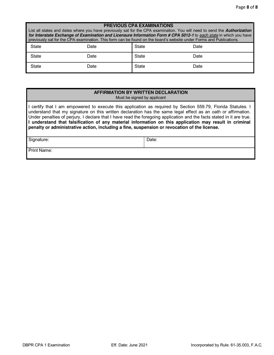 Form DBPR CPA1 Application for CPA Examination - Florida, Page 8