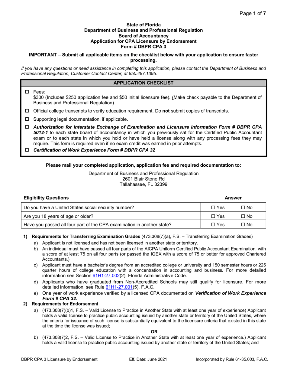 Form DBPR CPA3 Application for CPA Licensure by Endorsement - Florida, Page 1