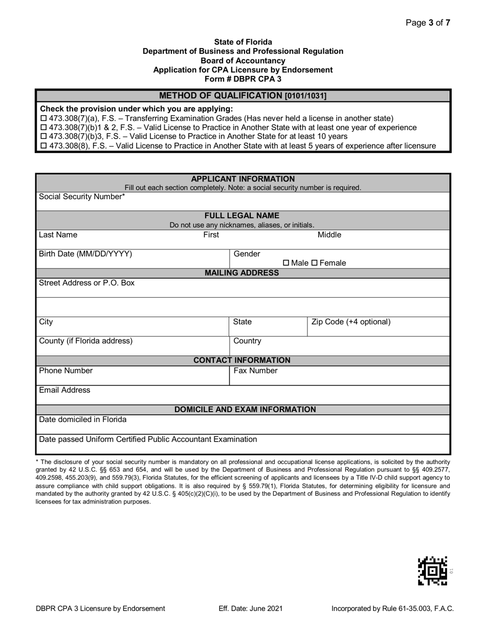 Form DBPR CPA3 Application for CPA Licensure by Endorsement - Florida, Page 3