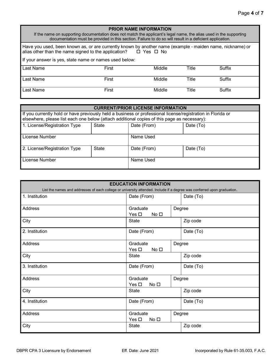 Form DBPR CPA3 Application for CPA Licensure by Endorsement - Florida, Page 4