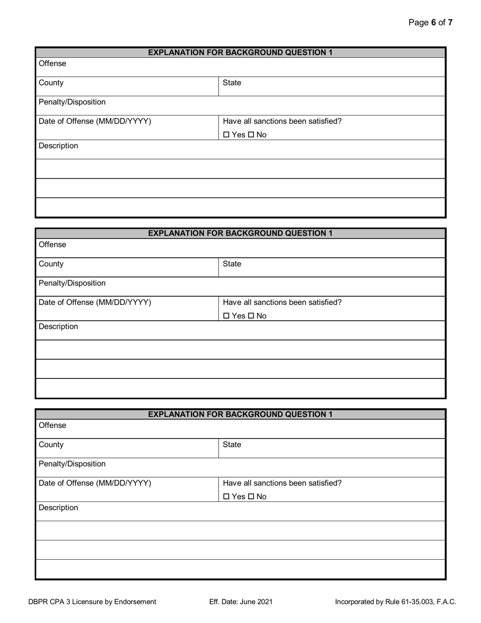 Form DBPR CPA3 Application for CPA Licensure by Endorsement - Florida, Page 6