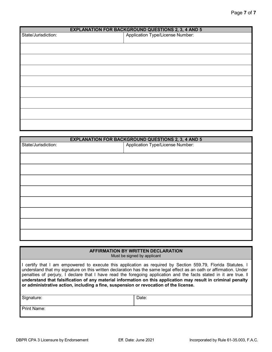 Form DBPR CPA3 Application for CPA Licensure by Endorsement - Florida, Page 7