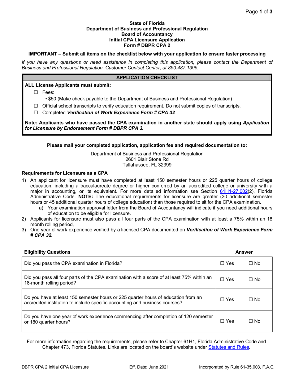 Form DBPR CPA2 Initial CPA Licensure Application - Florida, Page 1