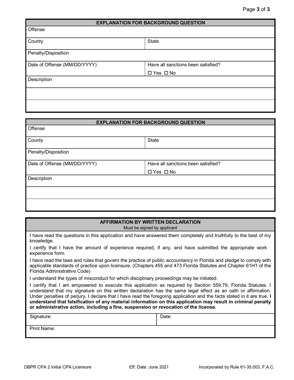 Form DBPR CPA2 Initial CPA Licensure Application - Florida, Page 3