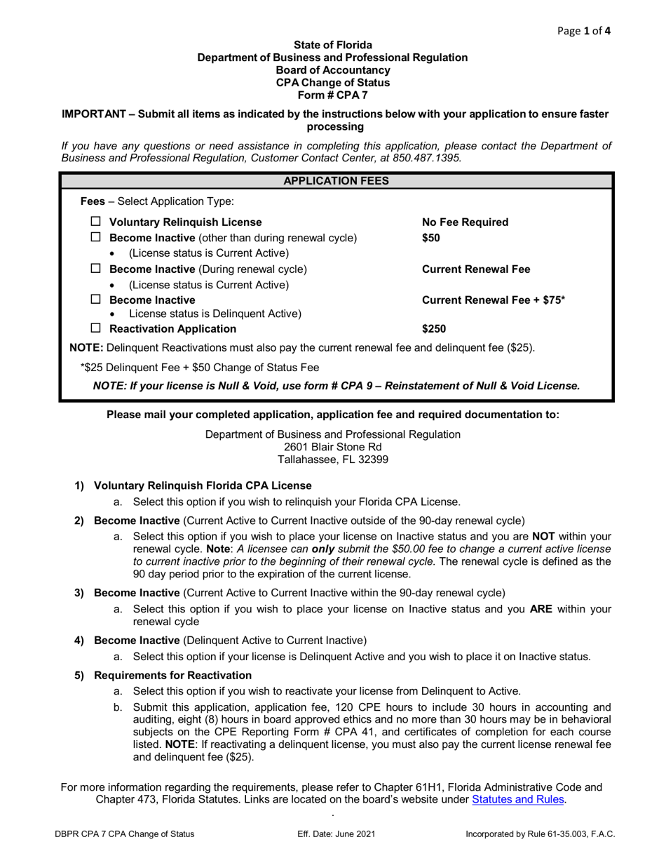 Form DBPR CPA7 CPA Change of Status - Florida, Page 1