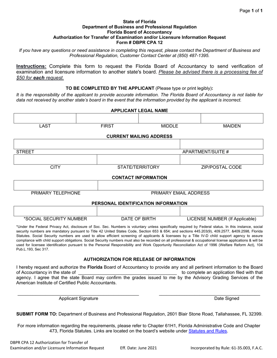 Form DBPR CPA12 Authorization for Transfer of Examination and / or Licensure Information Request - Florida, Page 1
