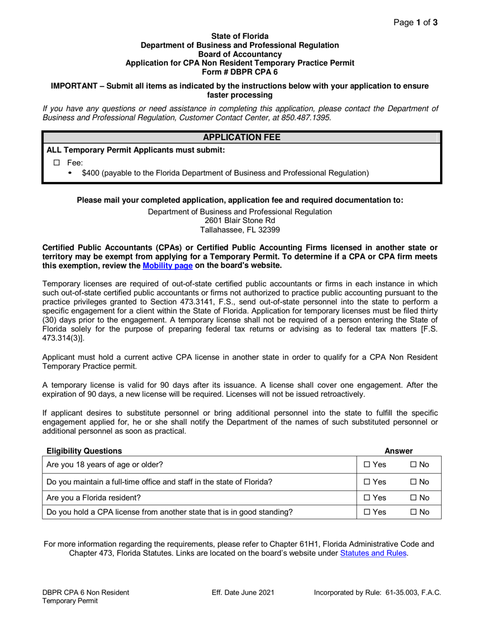 Form DBPR CPA6 Application for CPA Non Resident Temporary Practice Permit - Florida, Page 1