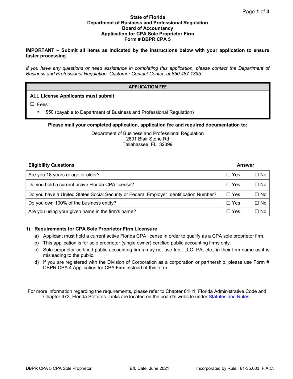 Form DBPR CPA5 Download Fillable PDF or Fill Online Application for CPA ...