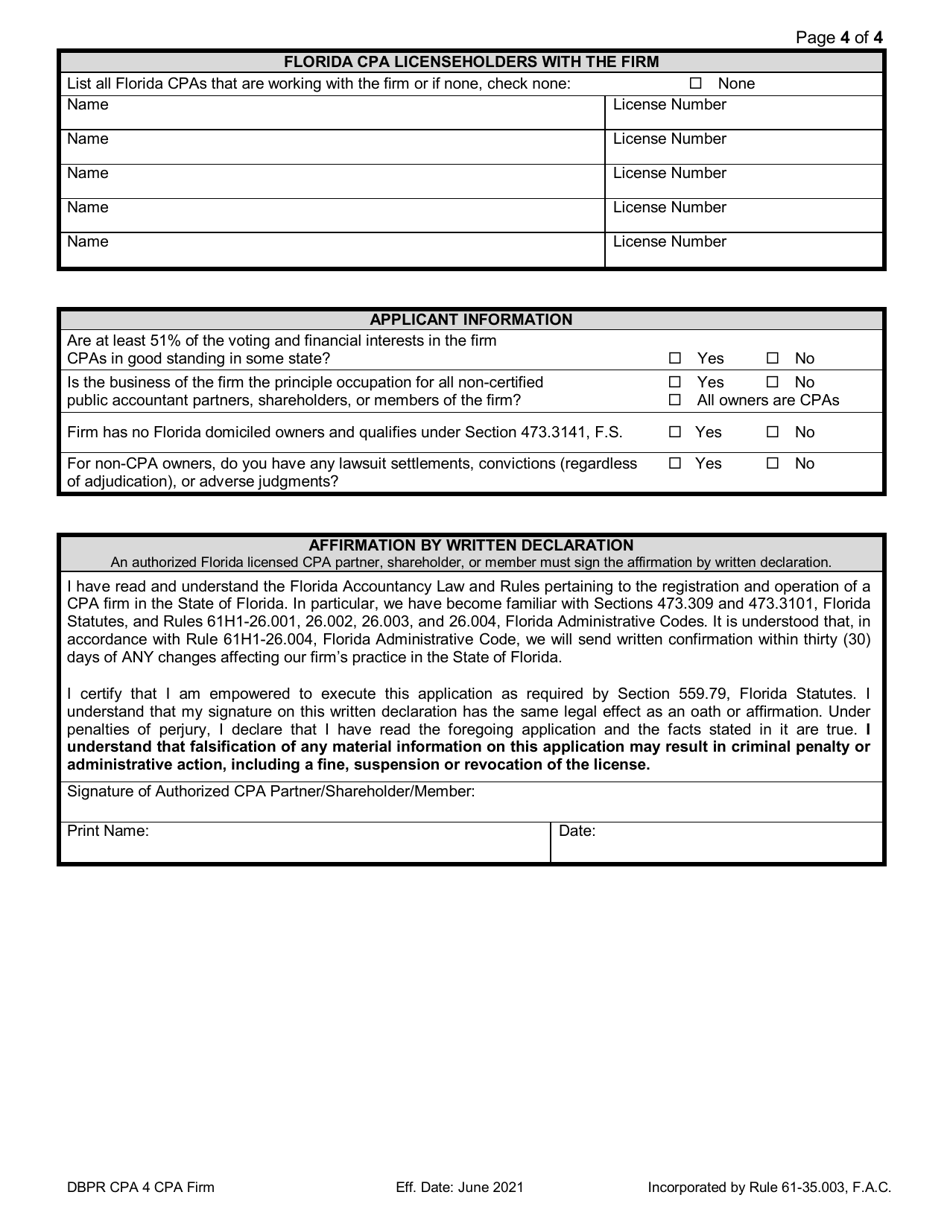 Form DBPR CPA4 Download Fillable PDF or Fill Online Application for CPA ...