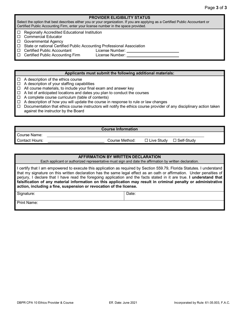 Form DBPR CPA10 Continuing Education Provider and Ethics Course Approval Application - Florida, Page 3