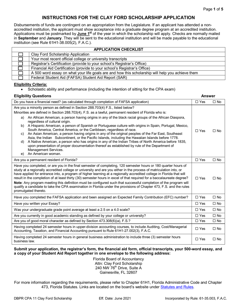 Form DBPR CPA11 Clay Ford Scholarship for 5th Year Accounting Students - Florida, Page 1