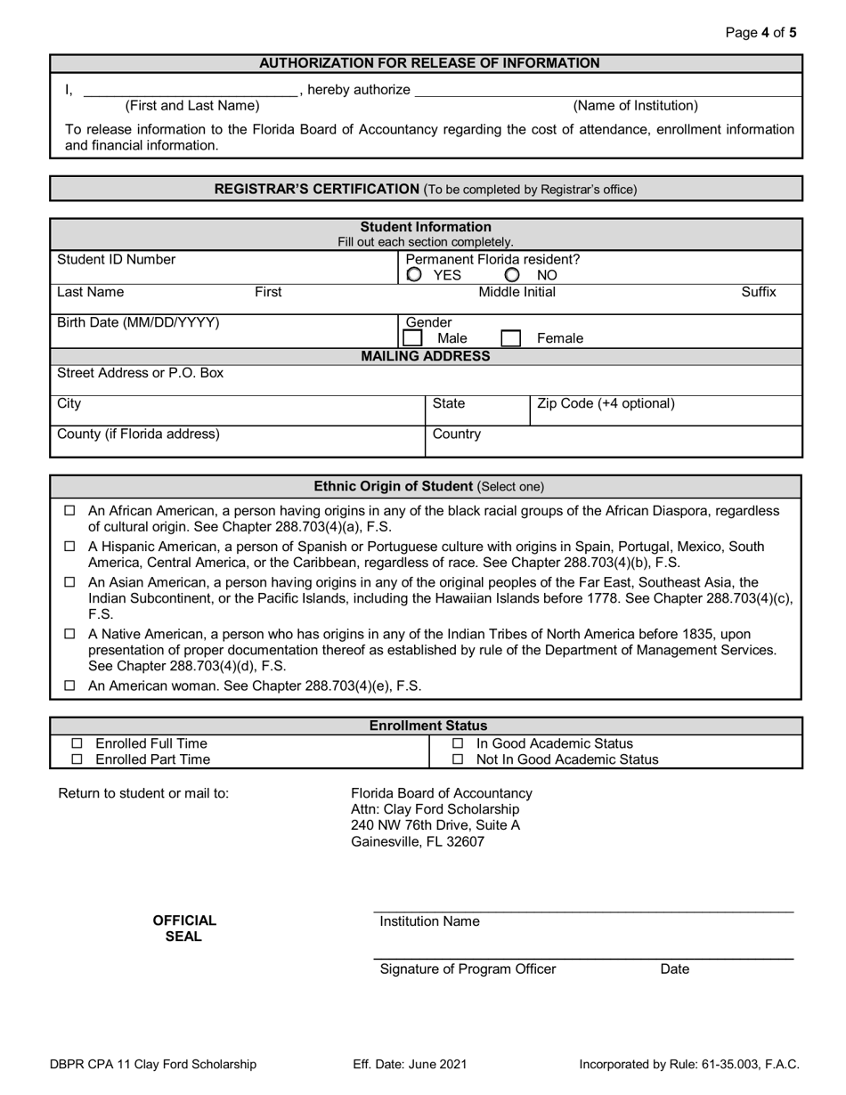 Form DBPR CPA11 Clay Ford Scholarship for 5th Year Accounting Students - Florida, Page 4
