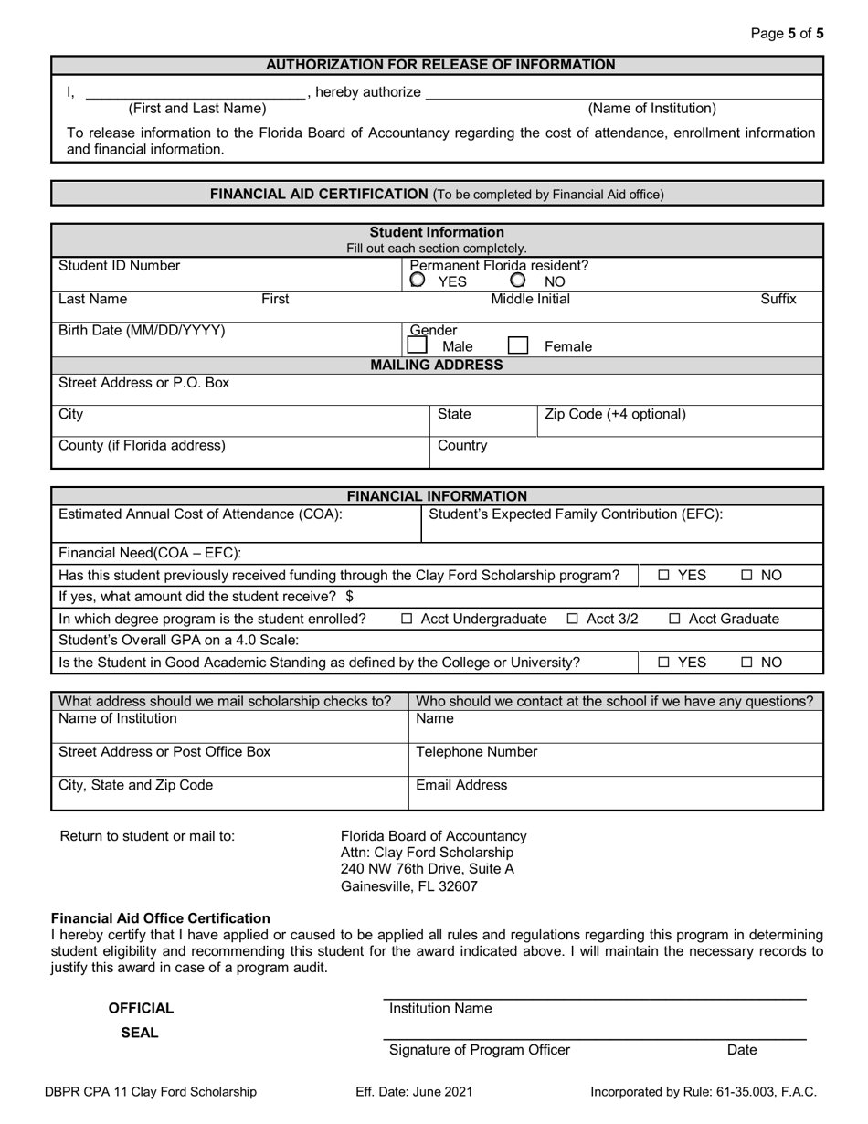 Form DBPR CPA11 Clay Ford Scholarship for 5th Year Accounting Students - Florida, Page 5