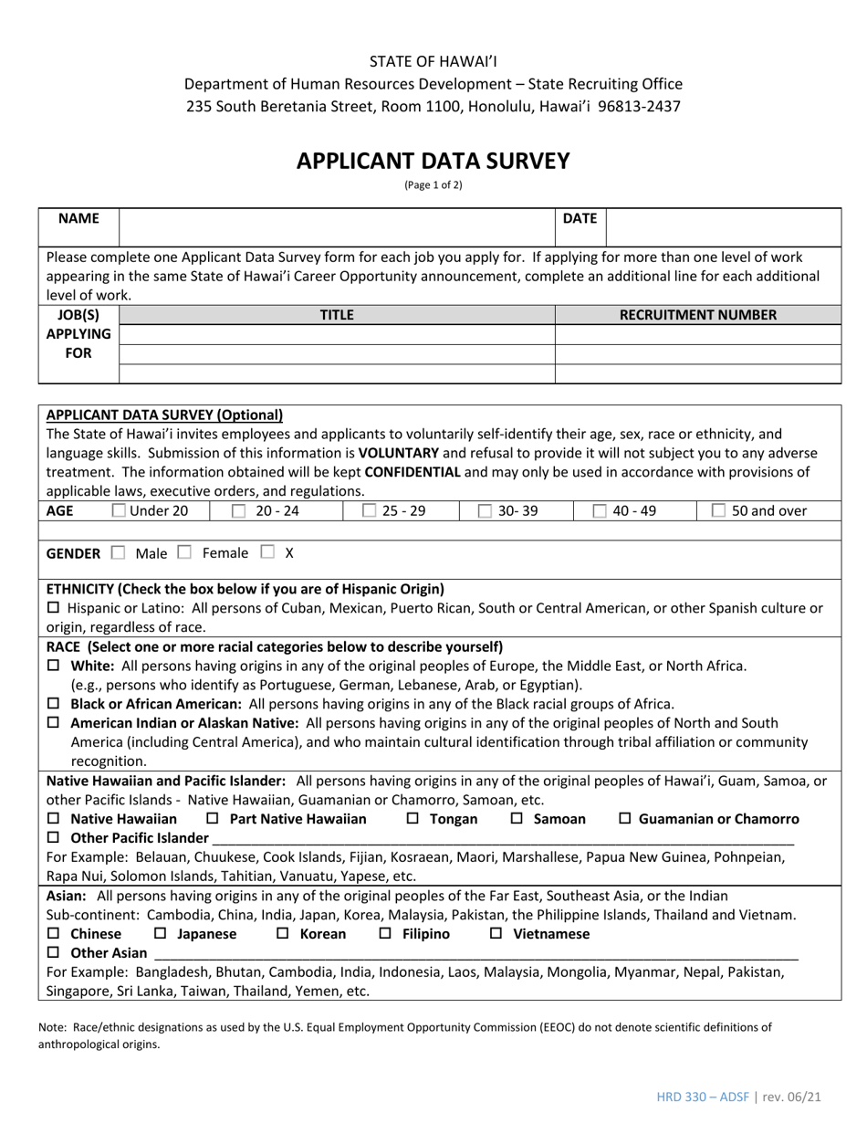 Form HRD330 Applicant Data Survey - Hawaii, Page 1