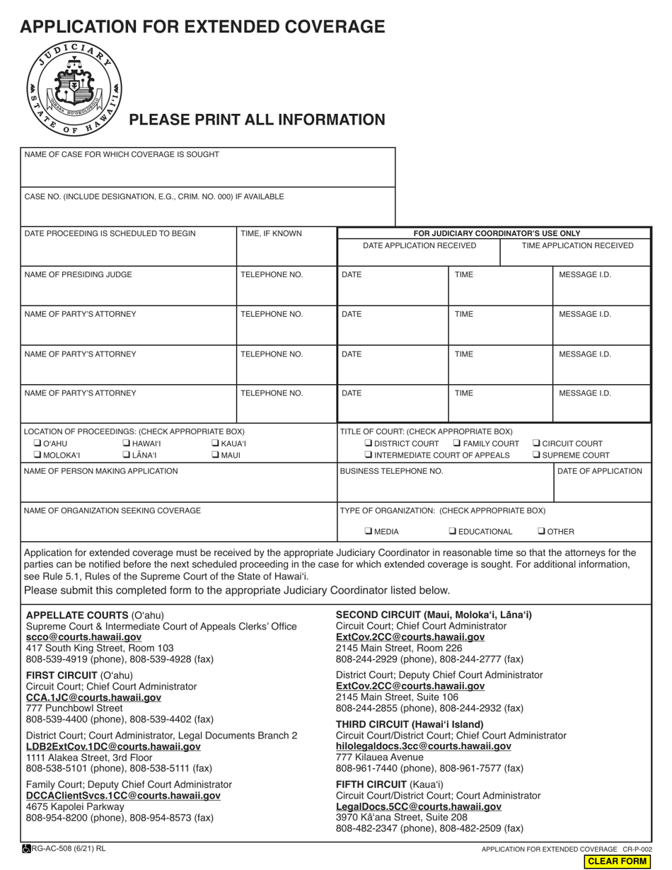 Form CR-P-002 Application for Extended Coverage - Hawaii, Page 1