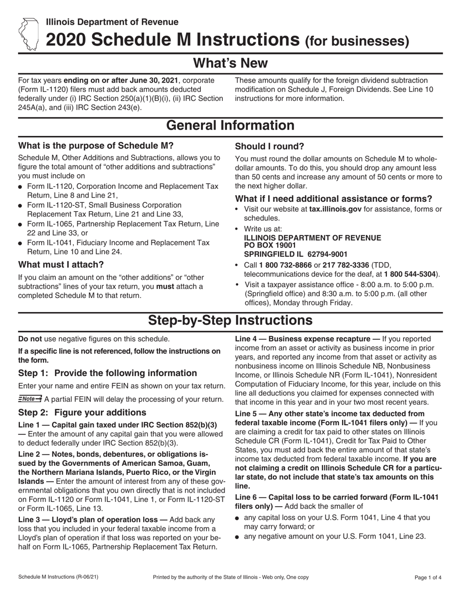 Instructions for Schedule M Other Additions and Subtractions (For Businesses) - Illinois, Page 1