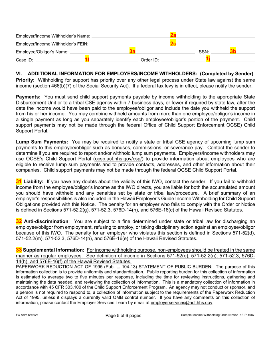 Sample Form 1F-P-1087 Order / Notice to Withhold Income for Support - Hawaii, Page 14