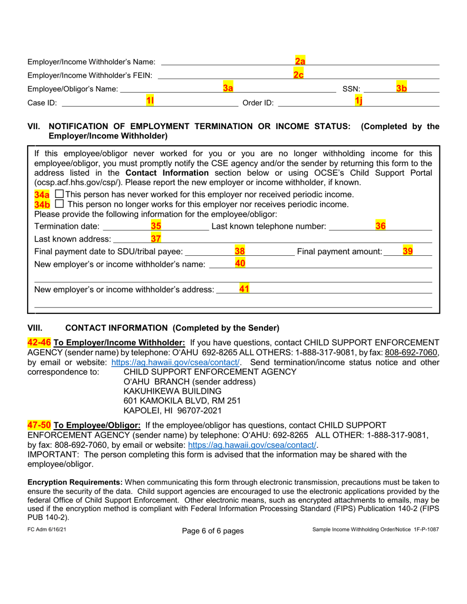 Sample Form 1F-P-1087 Order / Notice to Withhold Income for Support - Hawaii, Page 15