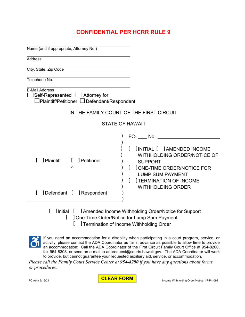 Form 1F-P-1098 Order / Notice to Withhold Income for Support - Hawaii, Page 1