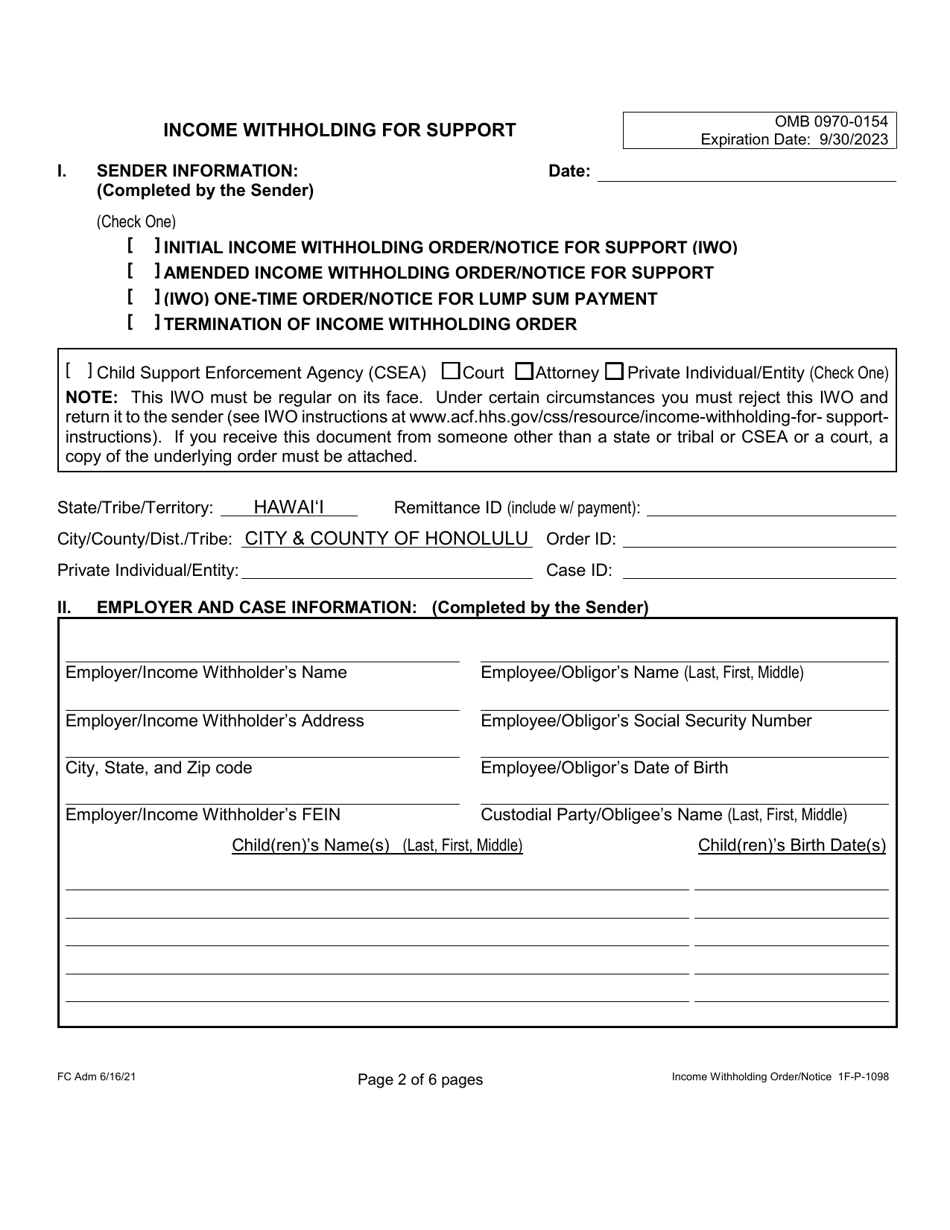 Form 1F-P-1098 Order / Notice to Withhold Income for Support - Hawaii, Page 2