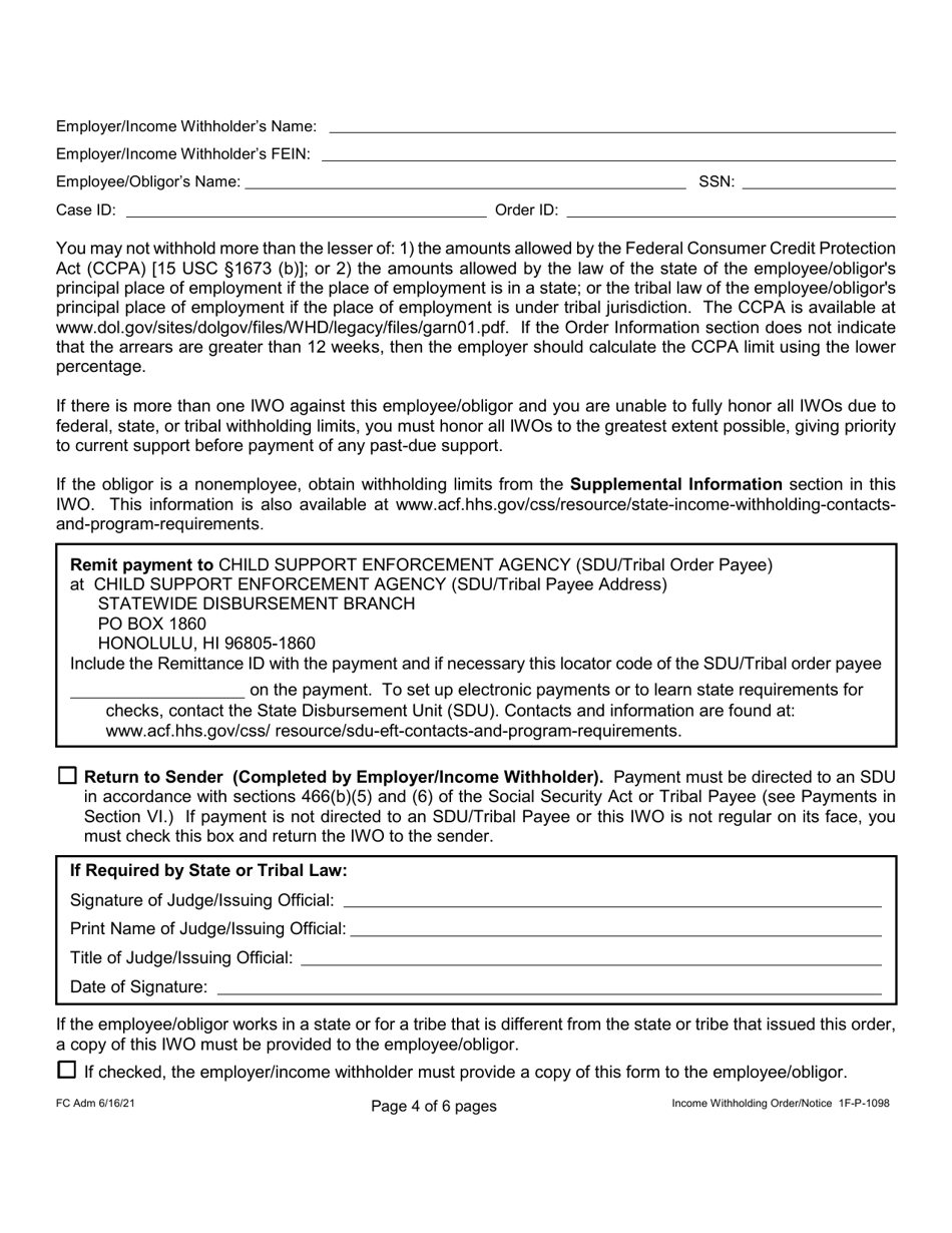 Form 1F-P-1098 Order / Notice to Withhold Income for Support - Hawaii, Page 4