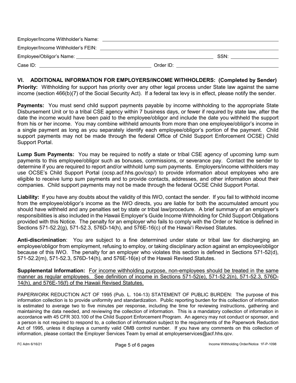 Form 1F-P-1098 Order / Notice to Withhold Income for Support - Hawaii, Page 5