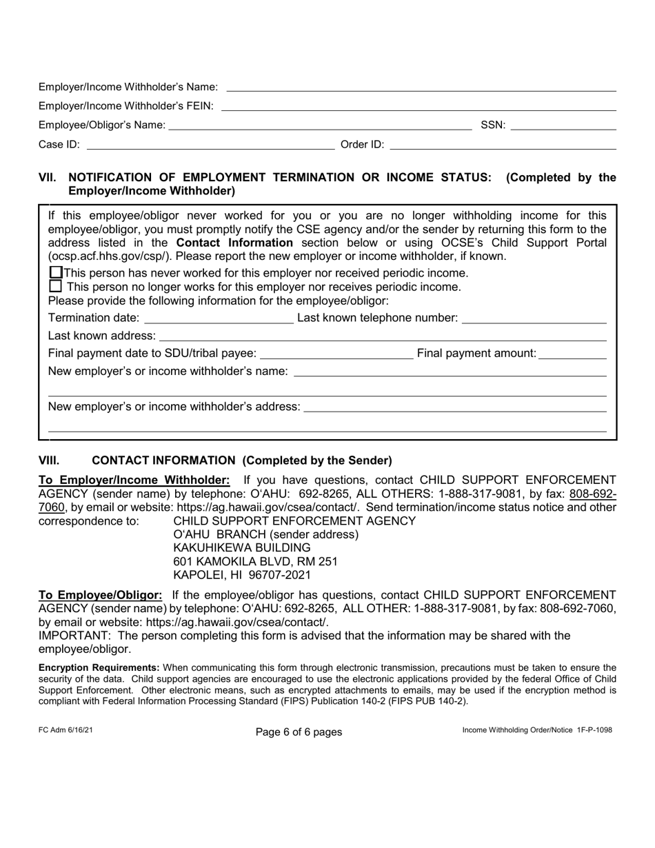 Form 1F-P-1098 Order / Notice to Withhold Income for Support - Hawaii, Page 6