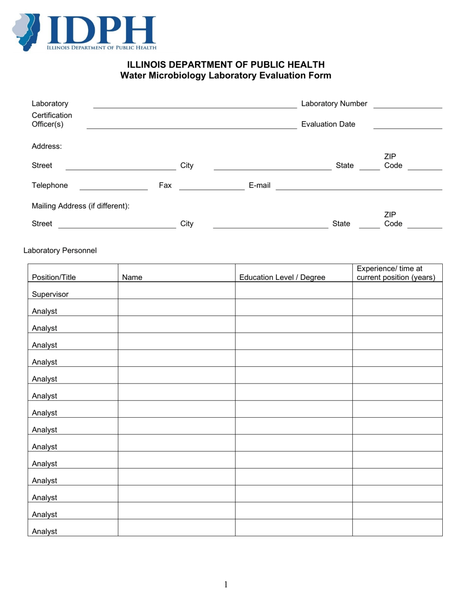 Water Microbiology Laboratory Evaluation Form - Illinois, Page 1