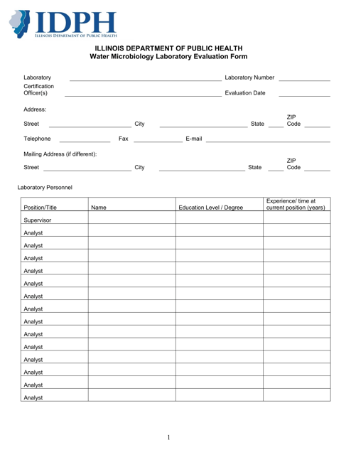 Water Microbiology Laboratory Evaluation Form - Illinois Download Pdf