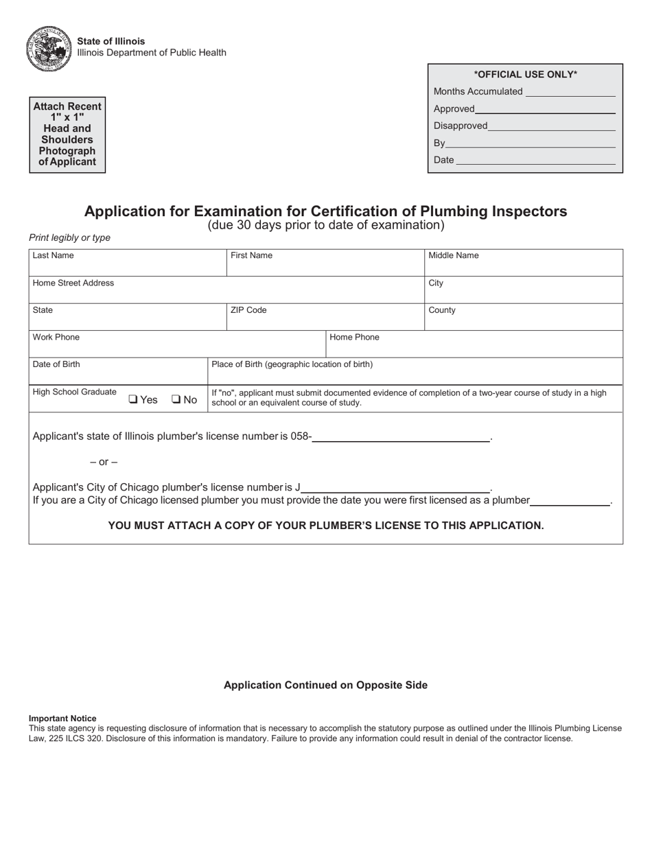 Application for Examination for Certification of Plumbing Inspectors - Illinois, Page 1