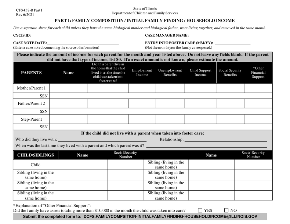 Form CFS458-B Part I Family Composition / Initial Family Finding / Household Income - Illinois, Page 1