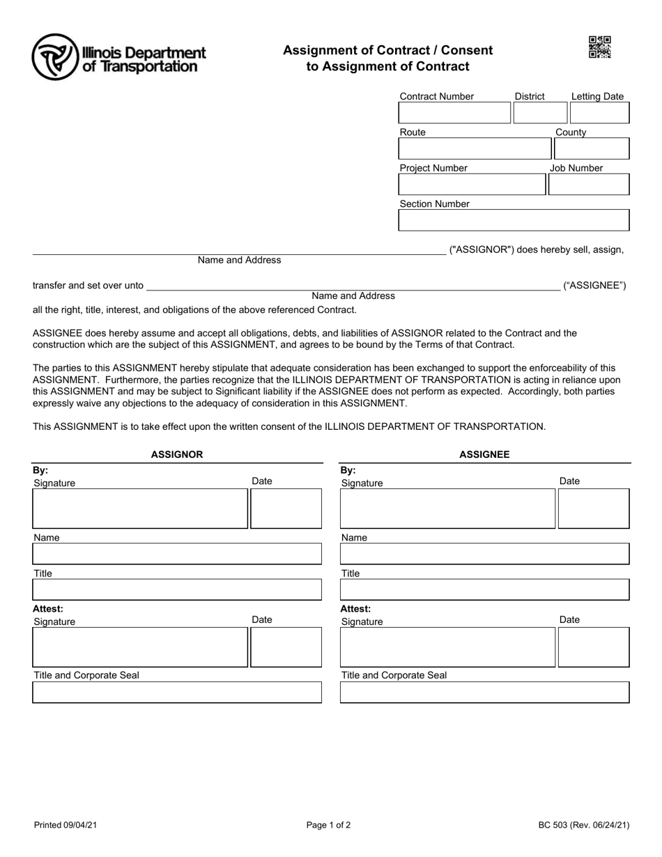 Form BC503 Assignment of Contract / Consent to Assignment of Contract - Illinois, Page 1