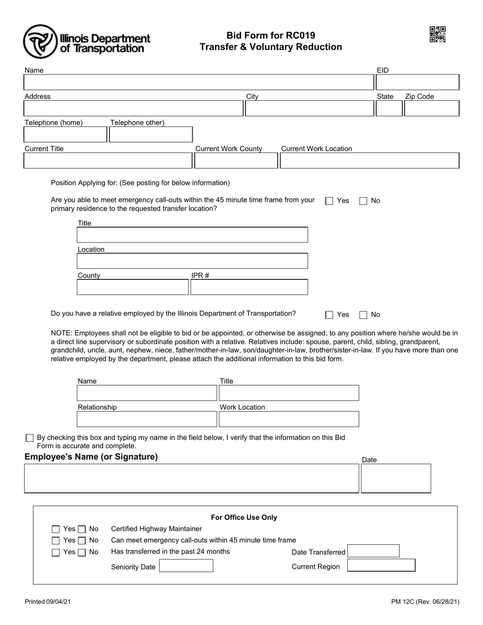 Form PM12C Bid Form for Rc019 Transfer  Voluntary Reduction - Illinois, Page 1