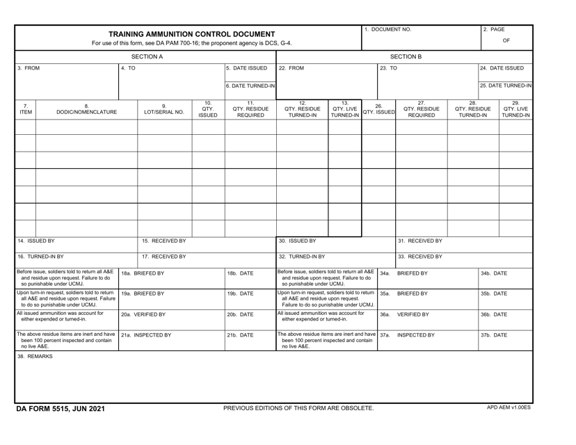 DA Form 5515 Training Ammunition Control Document