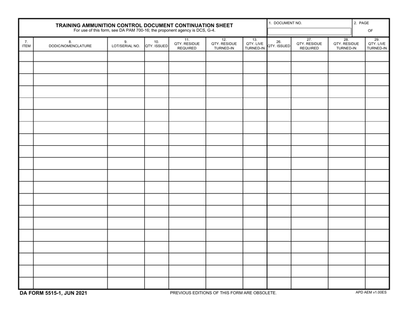 DA Form 5515-1 Training Ammunition Control Document Continuation Sheet